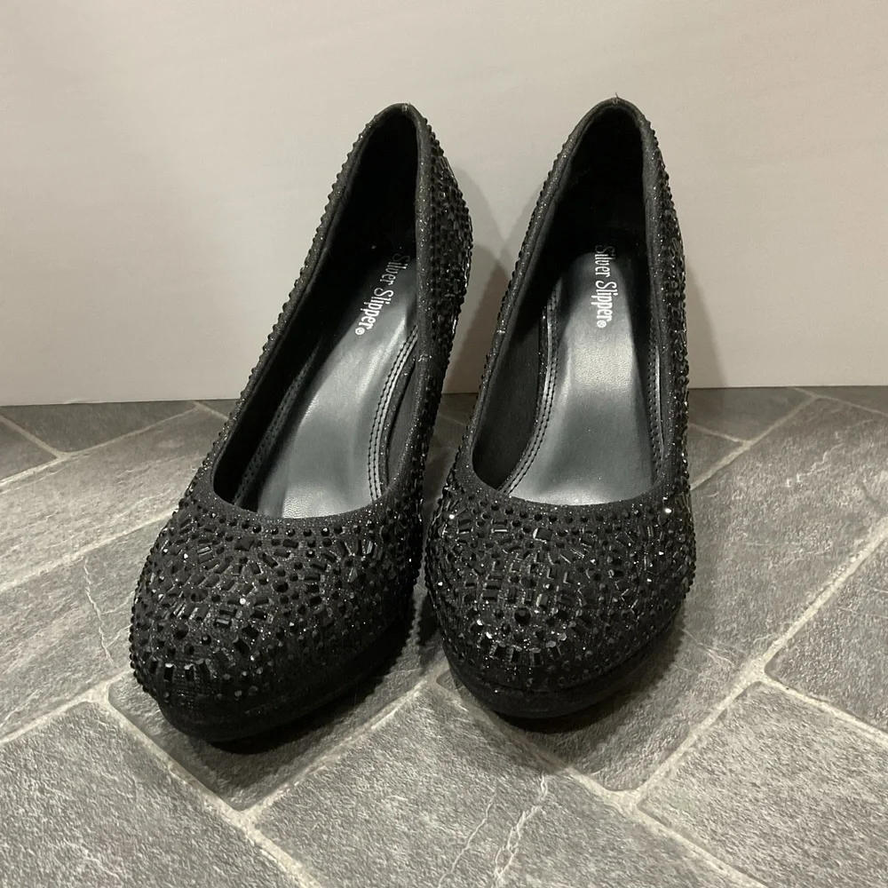 Silver Slipper Flirty Black Rhinestone Heel